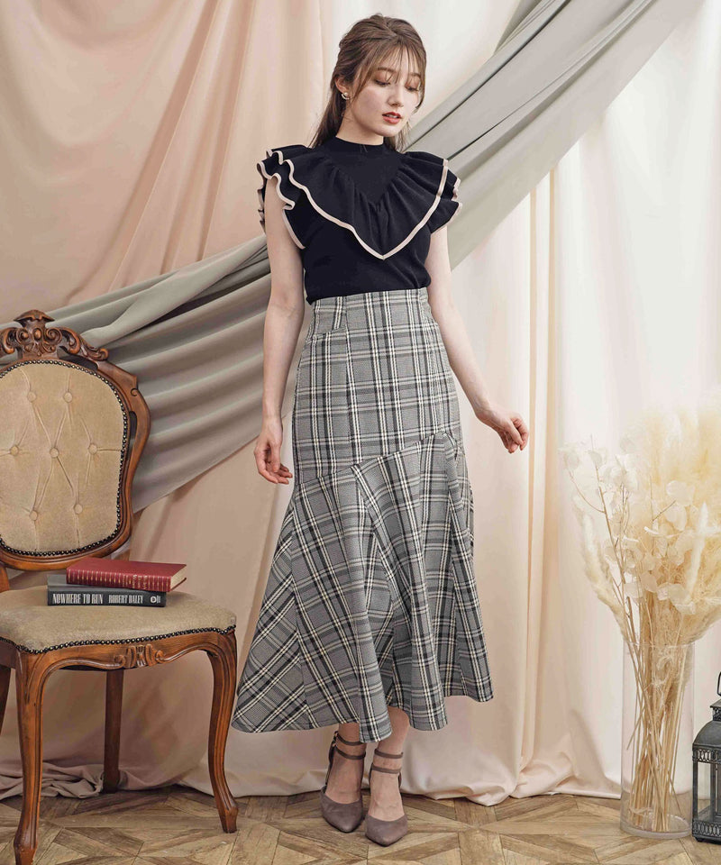 flared hem high waist check skirt