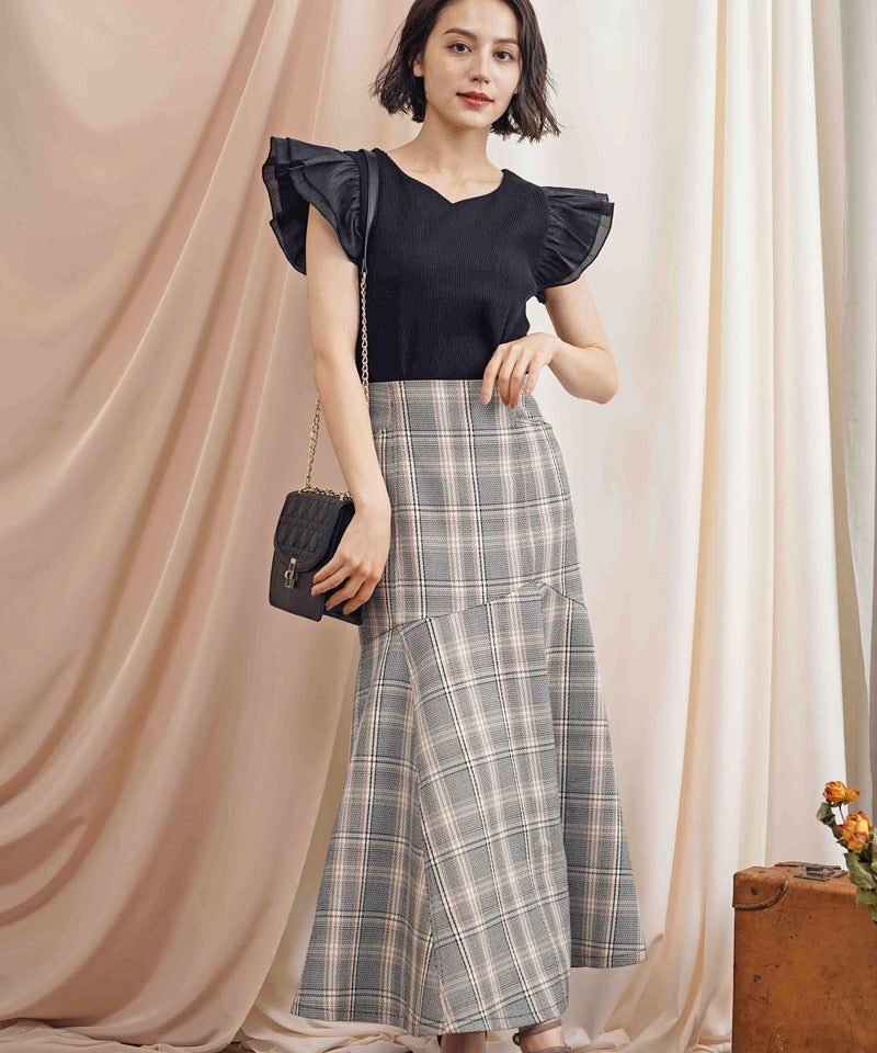 flared hem high waist check skirt