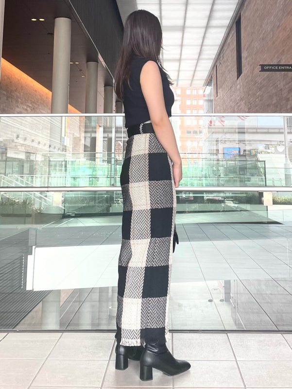 belted roving check tight skirt