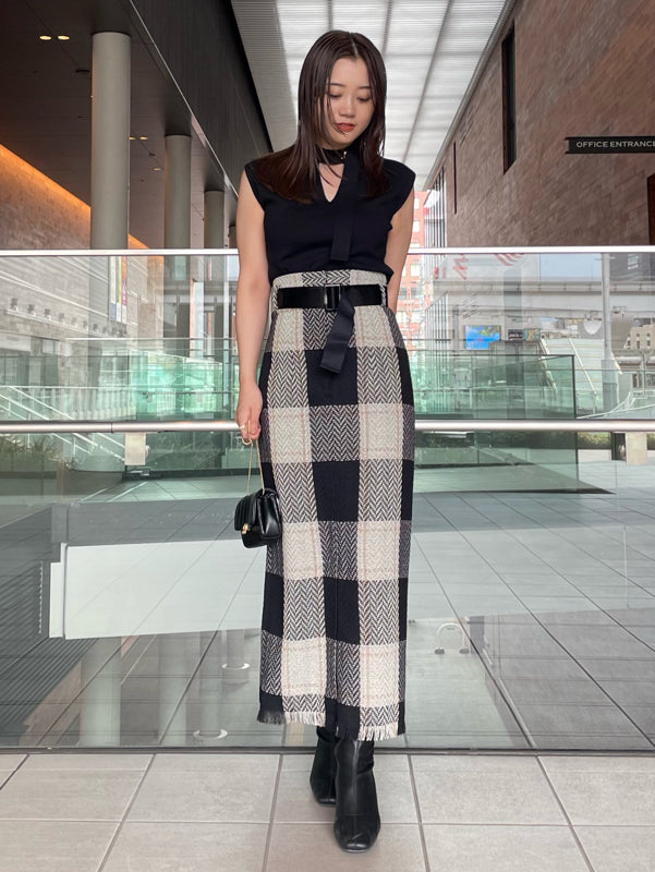 belted roving check tight skirt