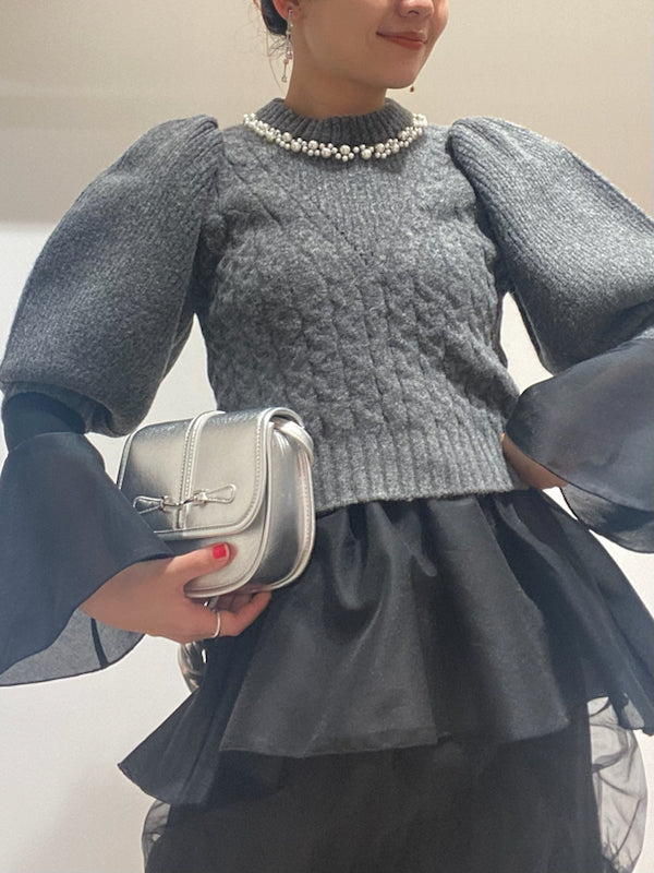 pearl motif puff sleeve knit top – ULAUNA online