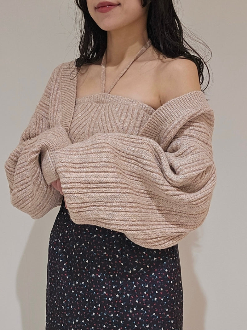 sequin bustier x cardigan knit set