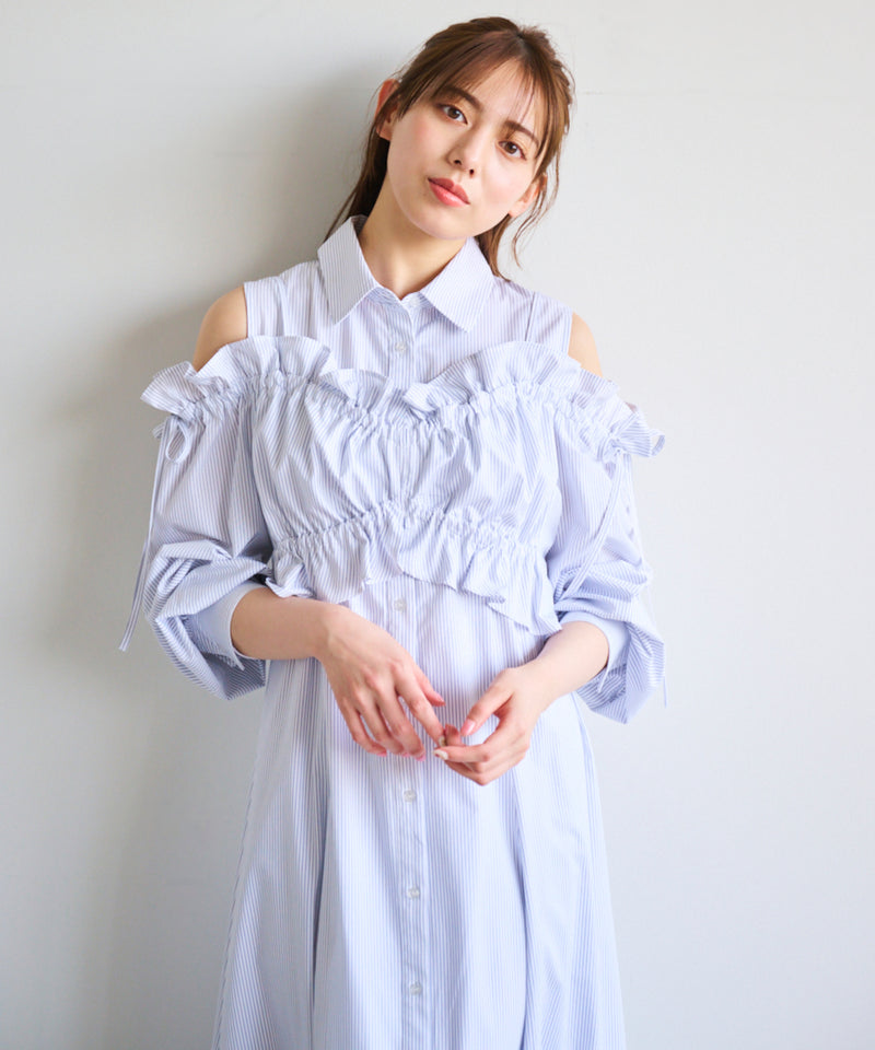 layered design striped shirt dress