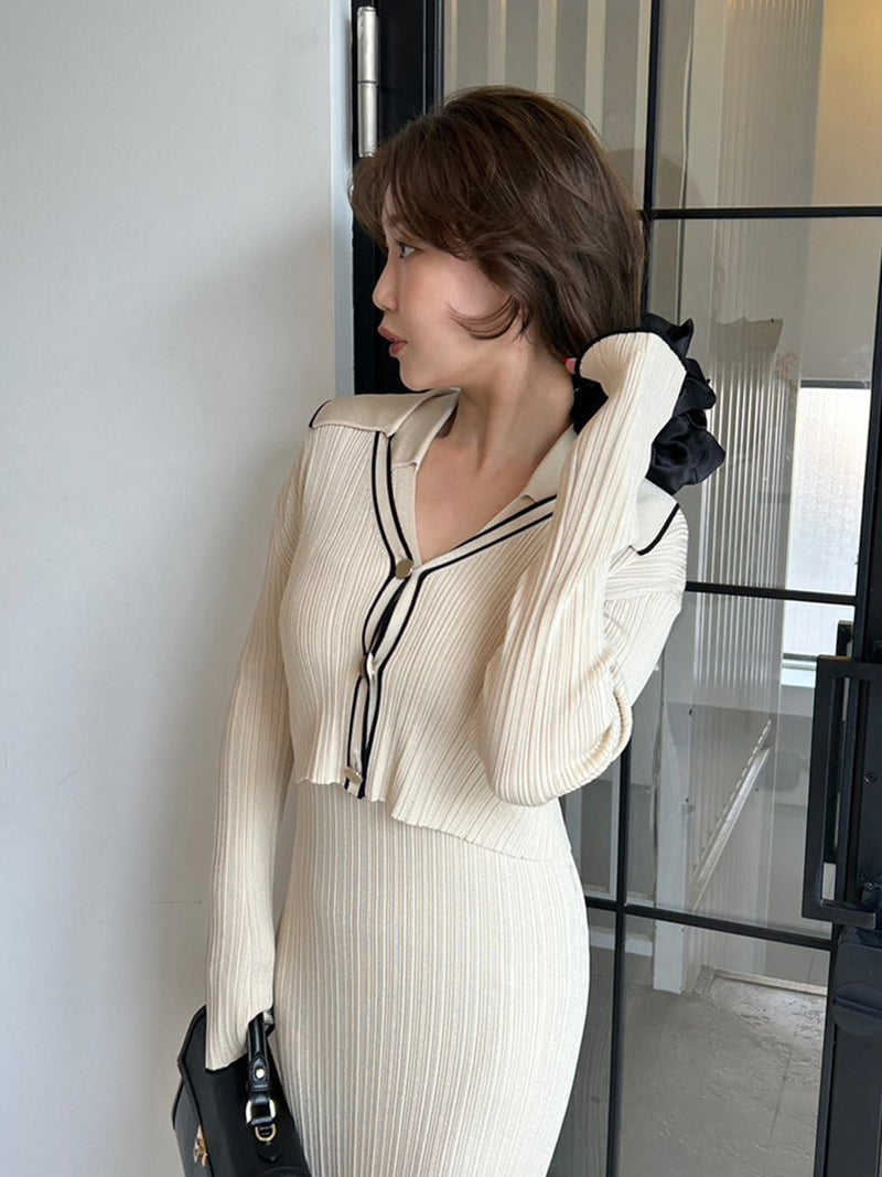 polo collar ensemble ribbed knit dress