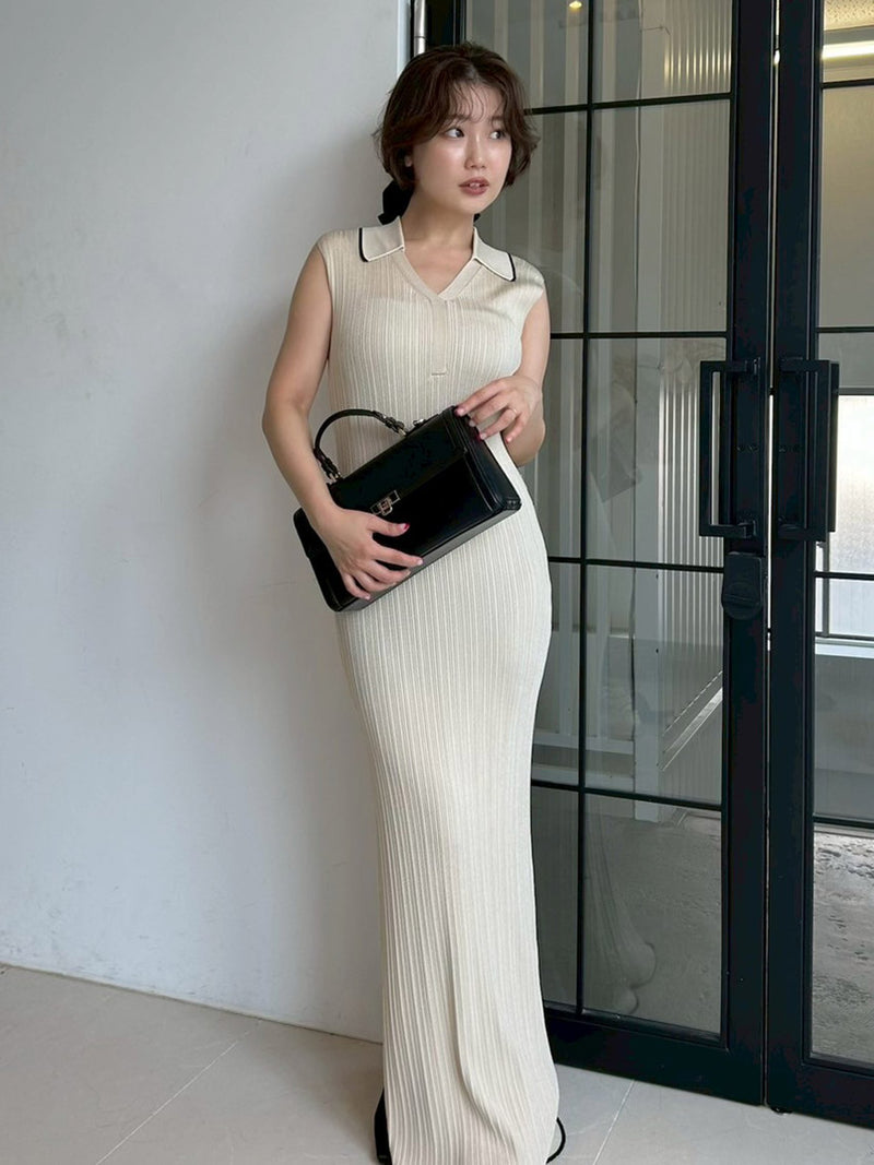 polo collar ensemble ribbed knit dress