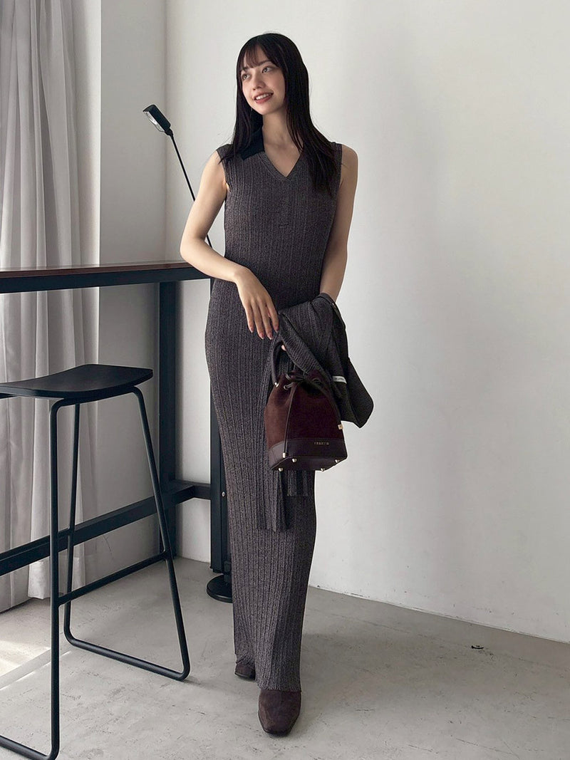 polo collar ensemble ribbed knit dress