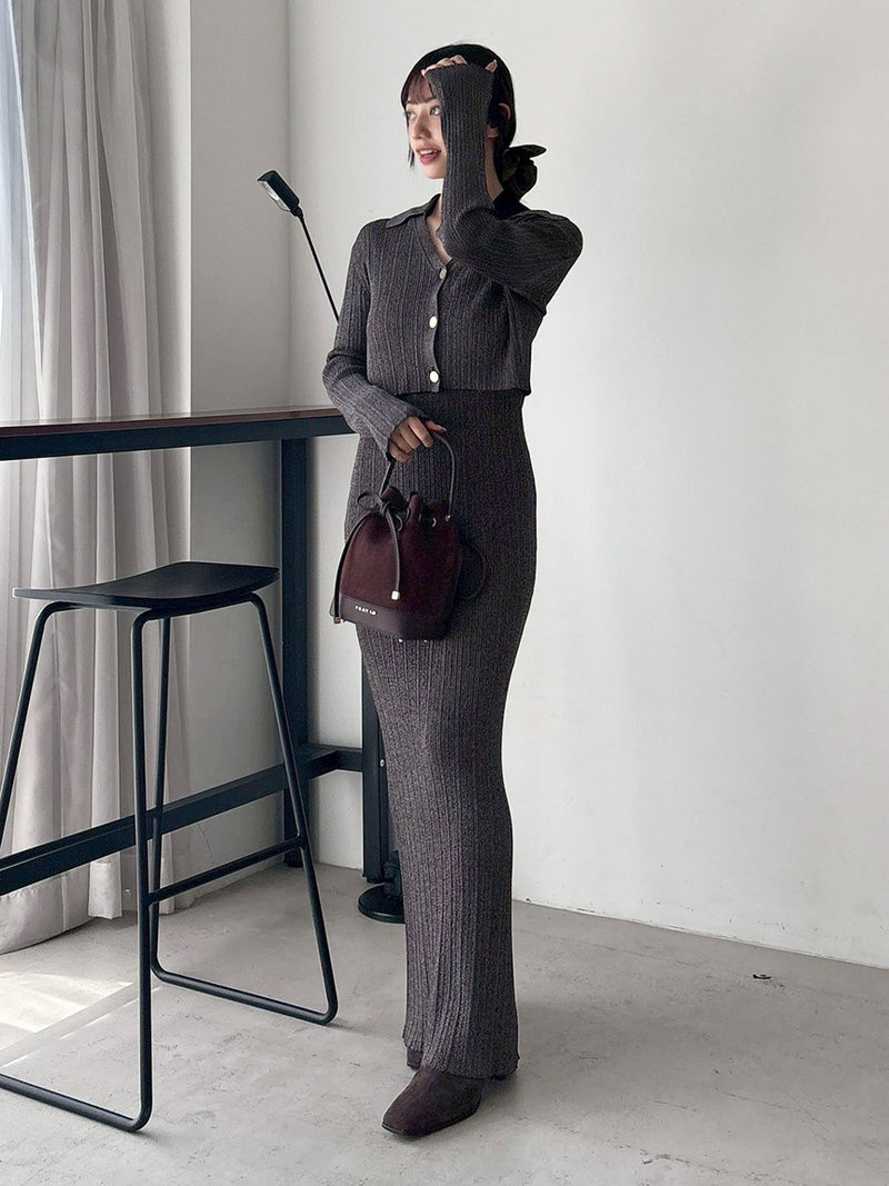 polo collar ensemble ribbed knit dress