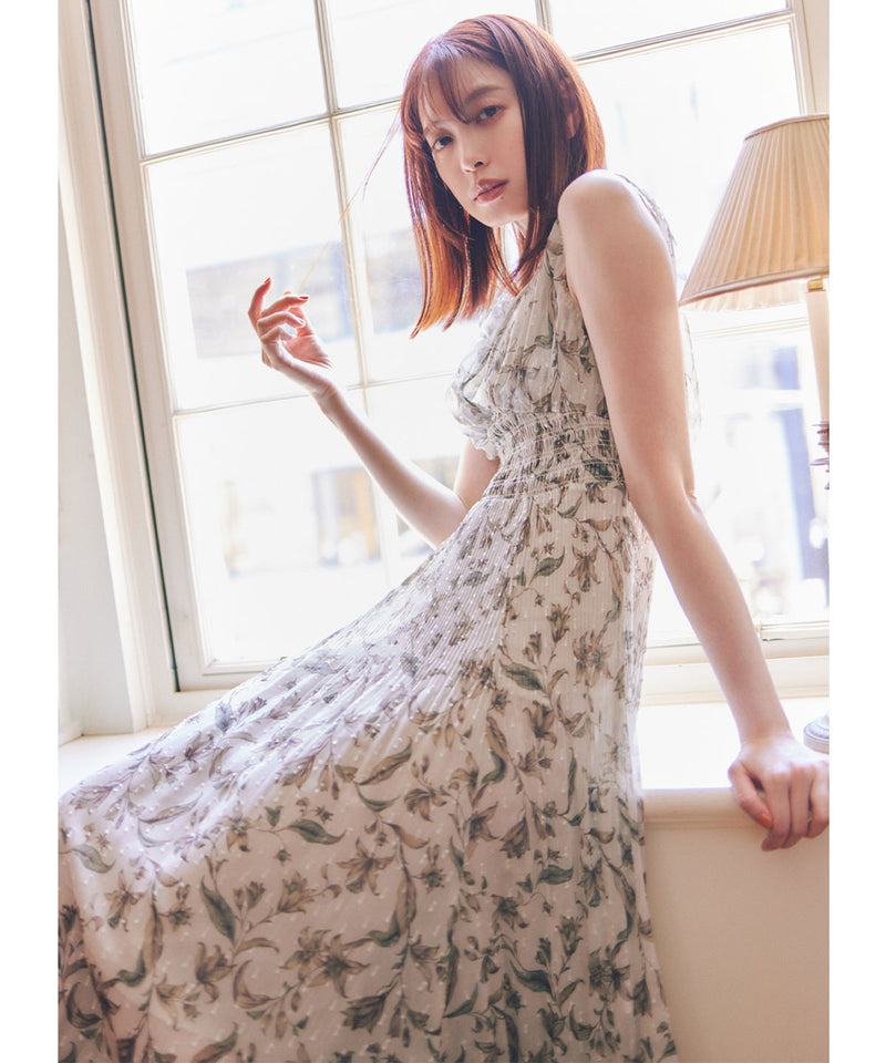 shoulder gathered flower print dress