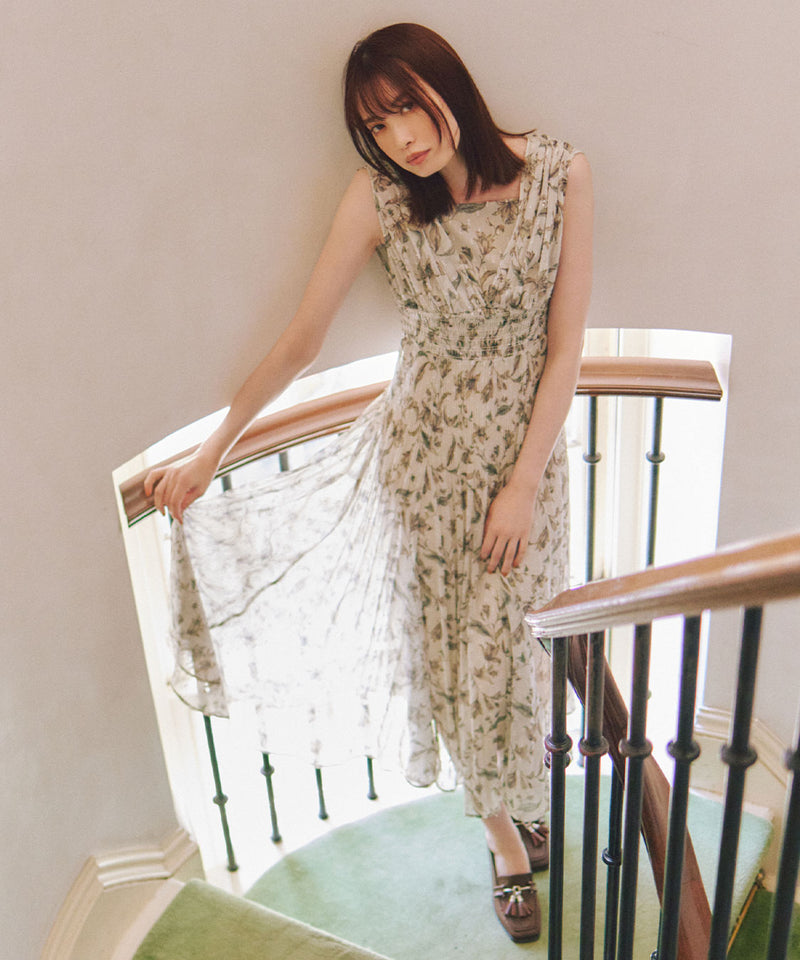 shoulder gathered flower print dress