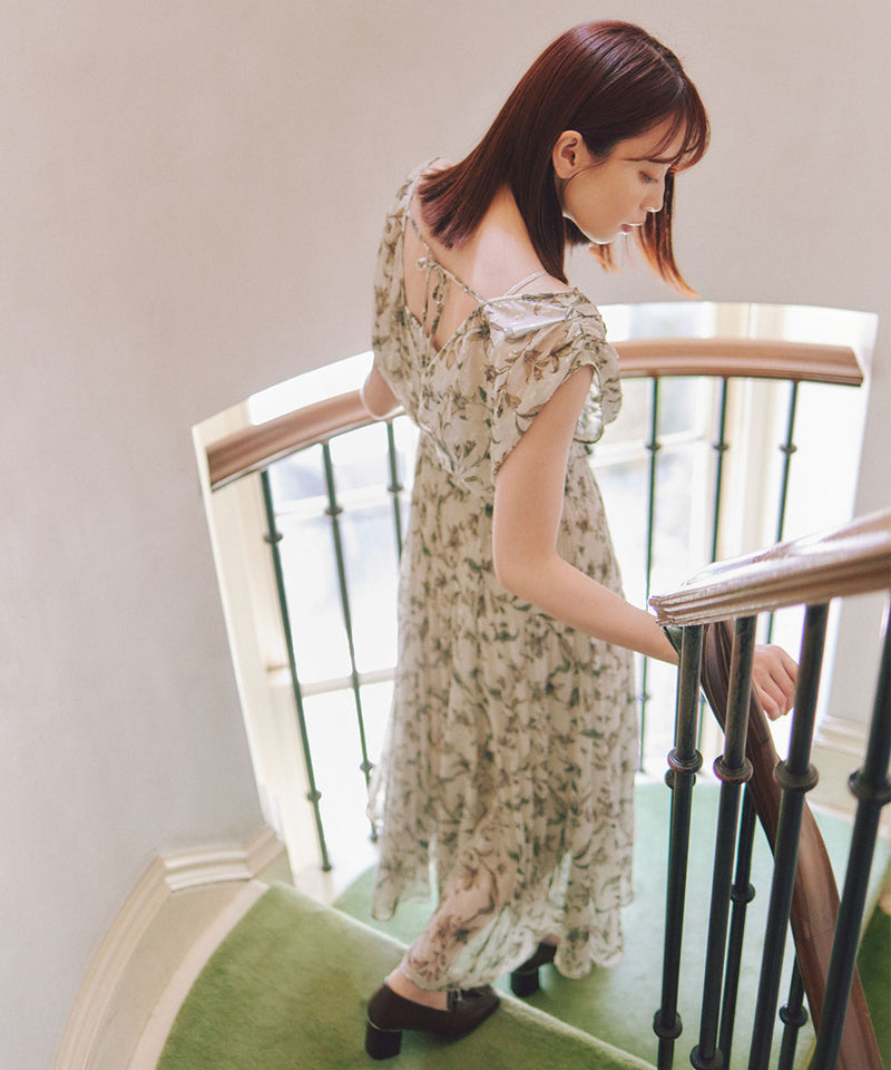 shoulder gathered flower print dress
