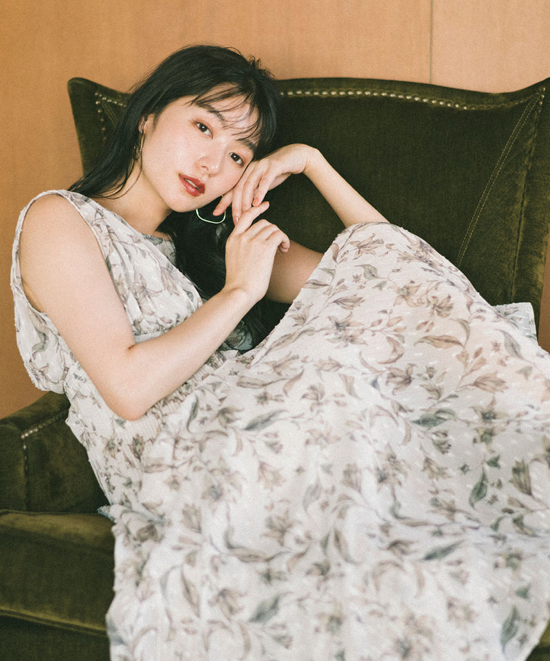 shoulder gathered flower print dress
