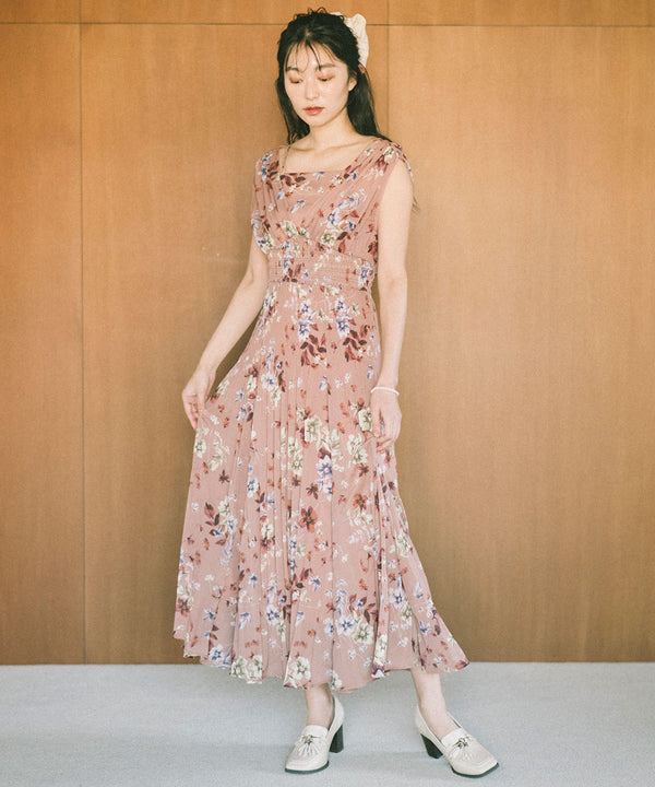 shoulder gathered flower print dress