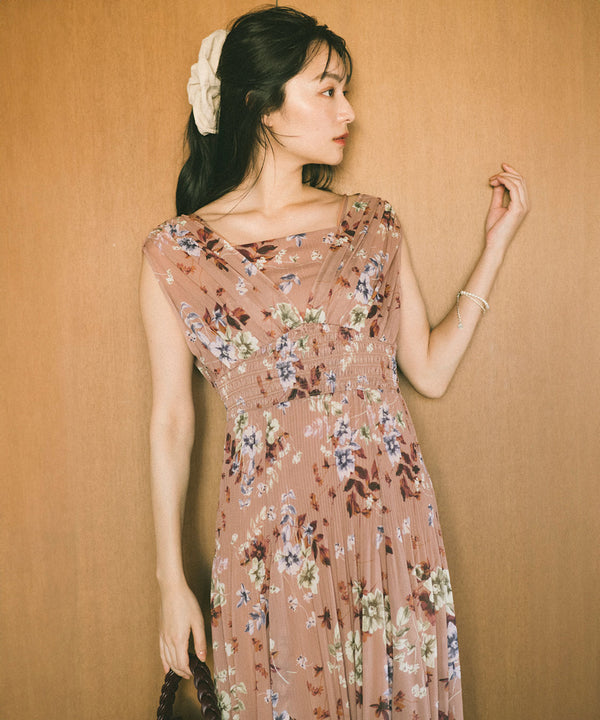 shoulder gathered flower print dress