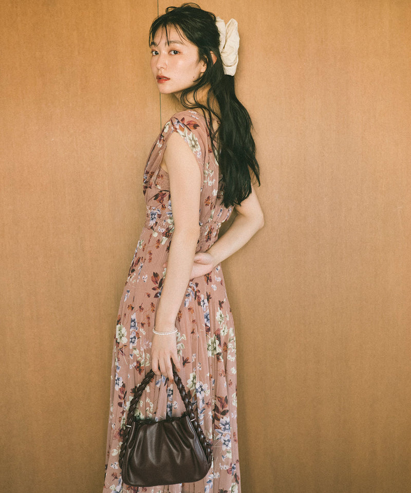 shoulder gathered flower print dress