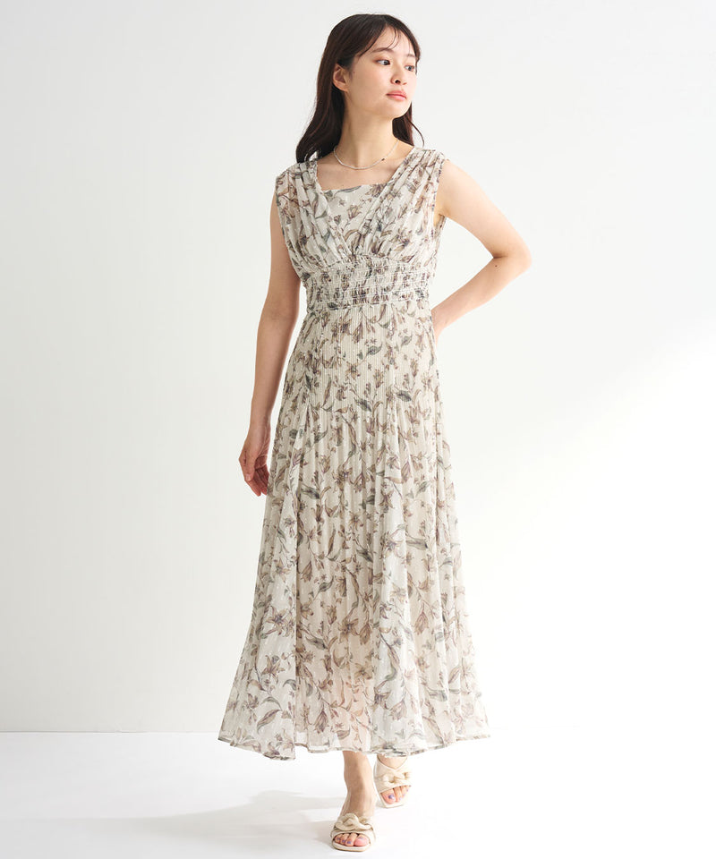 shoulder gathered flower print dress