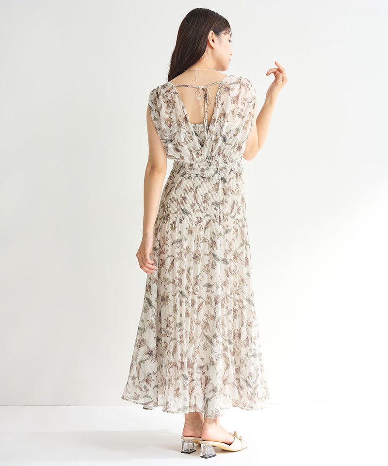 shoulder gathered flower print dress