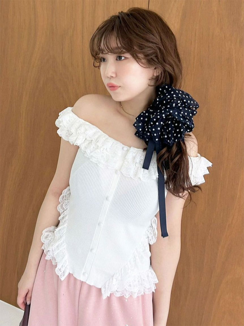 2way lace frill knit top