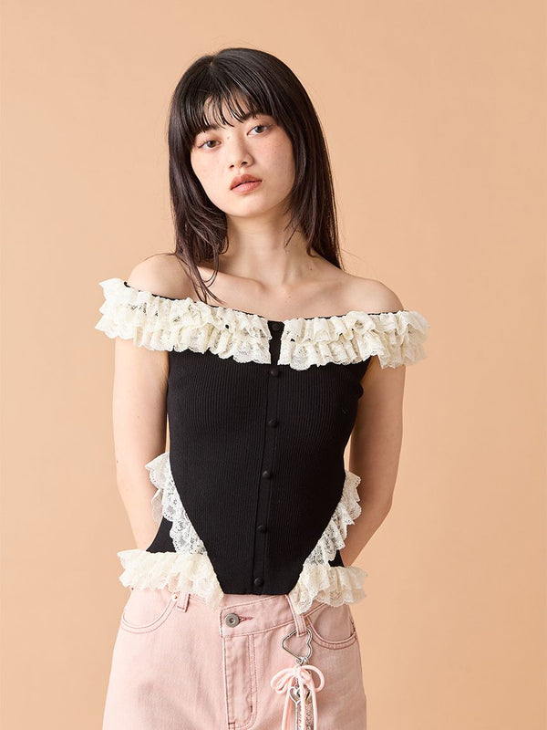 2way lace frill knit top