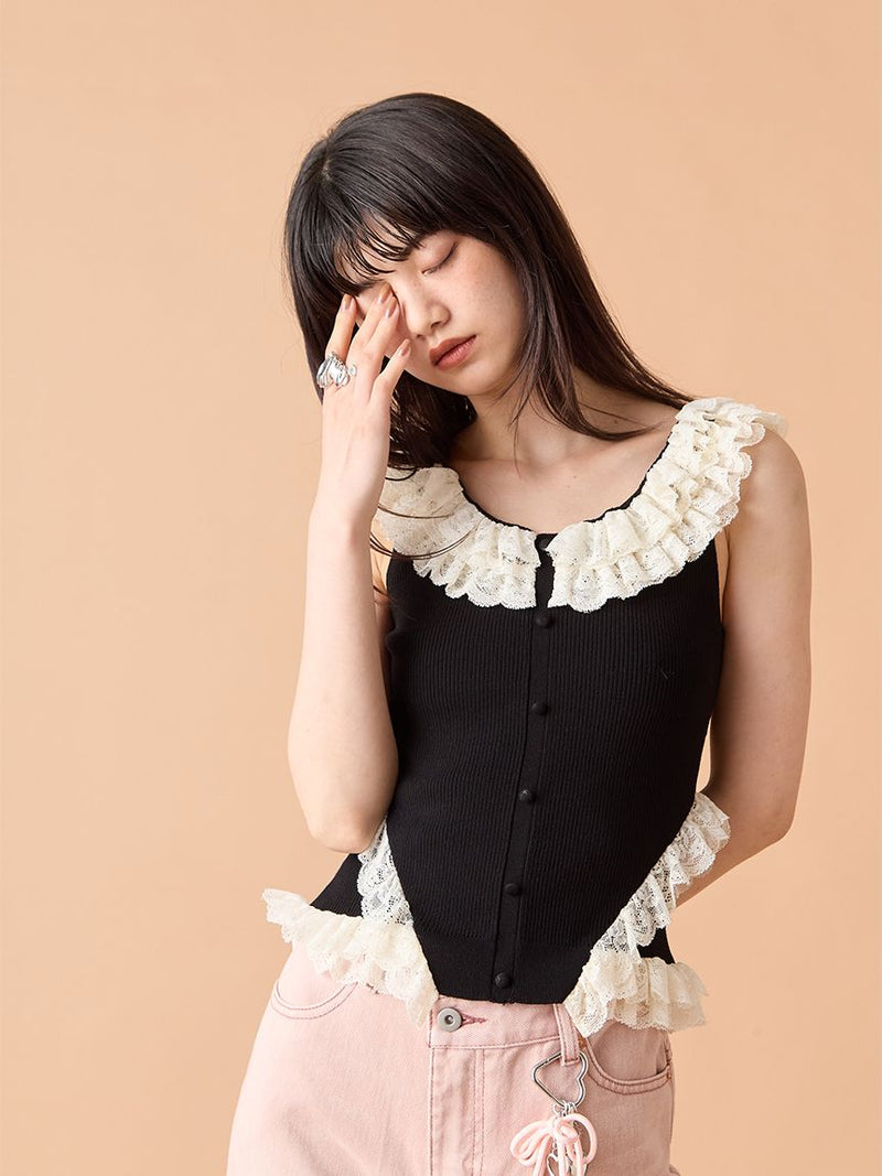2way lace frill knit top
