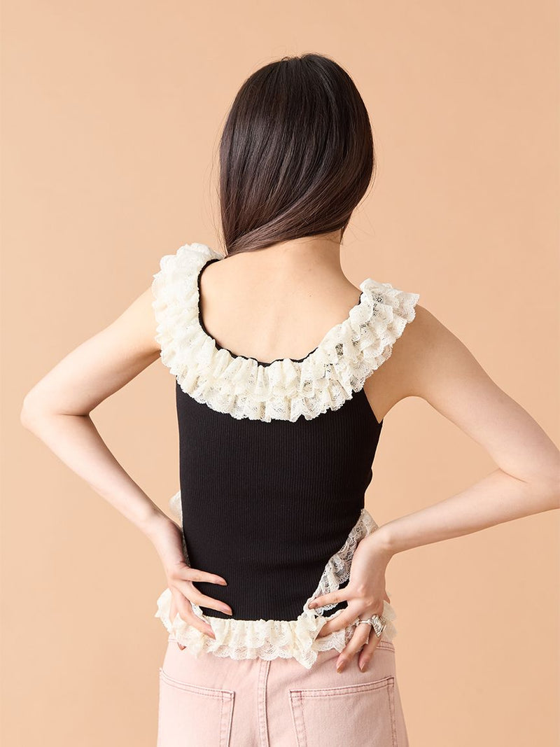 2way lace frill knit top