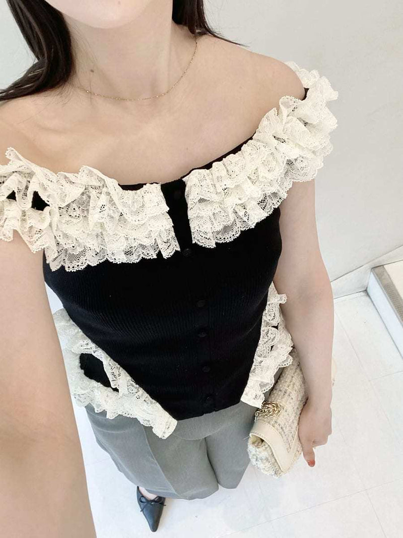 2way lace frill knit top