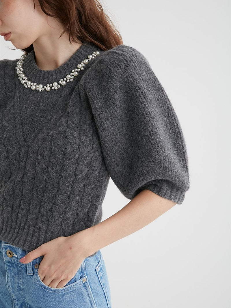 pearl motif puff sleeve knit top