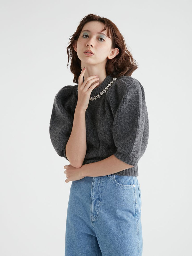 pearl motif puff sleeve knit top