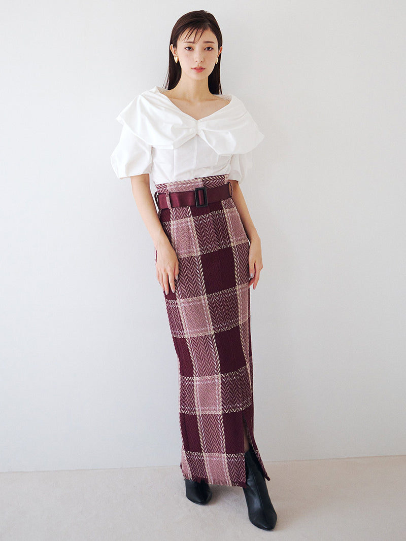 belted roving check tight skirt