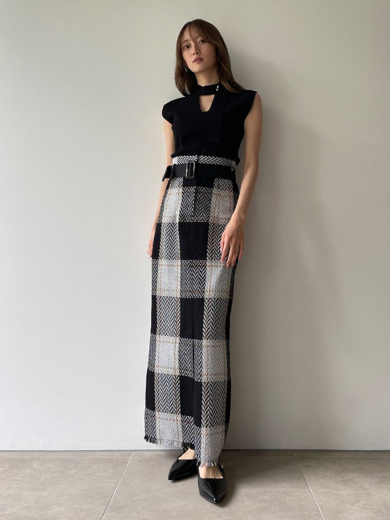 belted roving check tight skirt