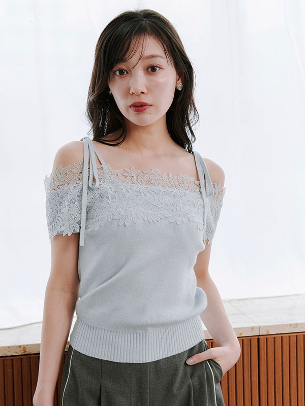 lace combination half sleeve knit pullover