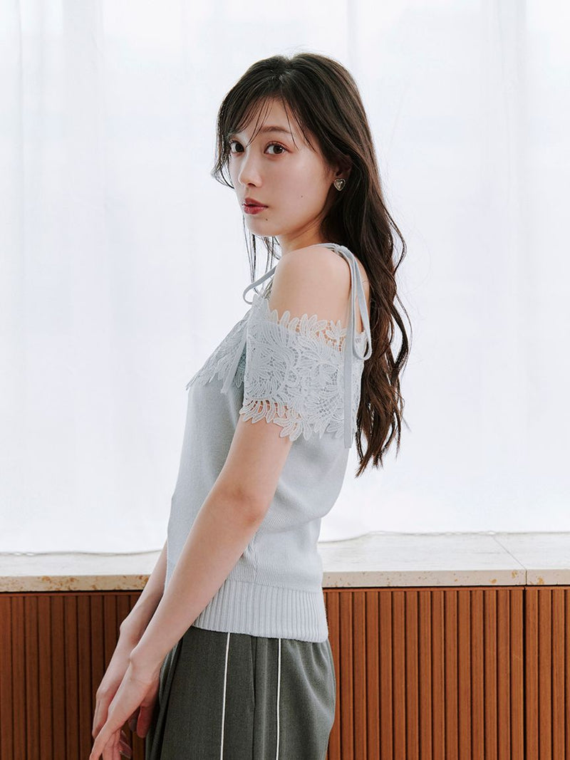 lace combination half sleeve knit pullover