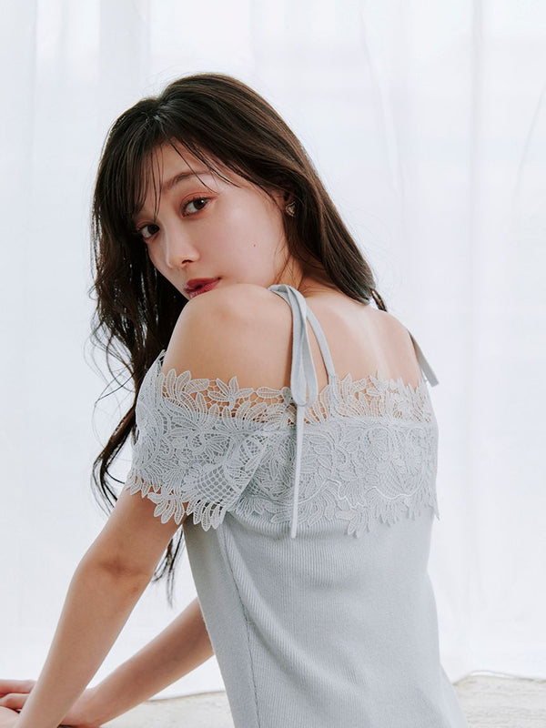 lace combination half sleeve knit pullover