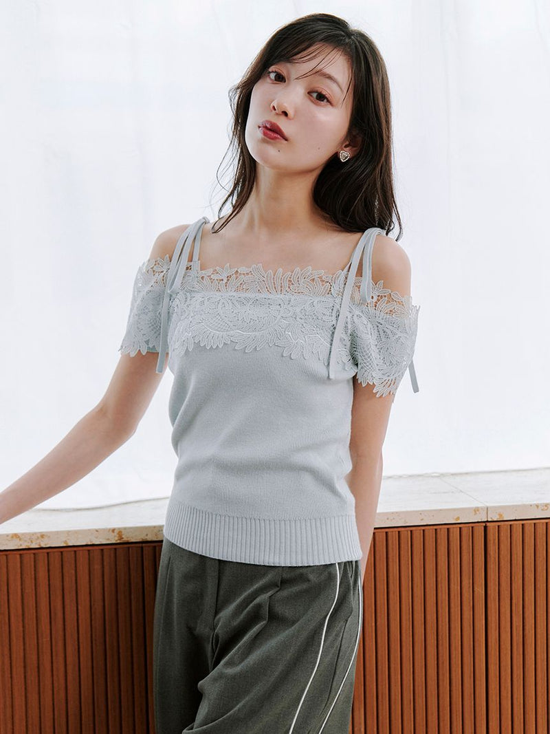 lace combination half sleeve knit pullover