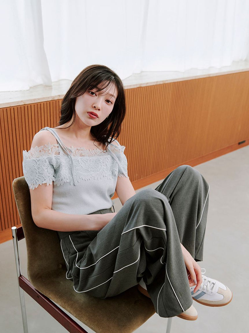 lace combination half sleeve knit pullover