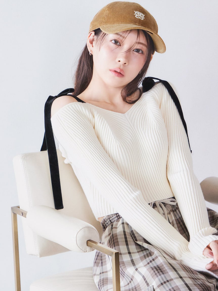 shoulder ribbon off-the-shoulder knit pullover – ULAUNA online