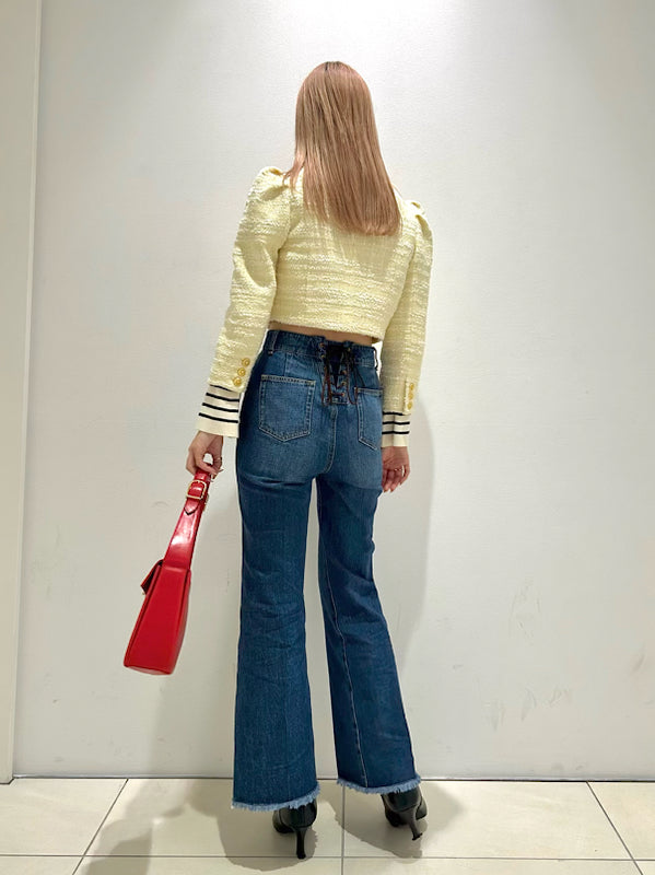 back lace-up semi-flare denim pants