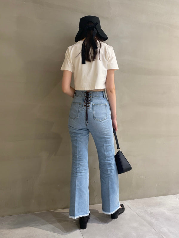 back lace-up semi-flare denim pants