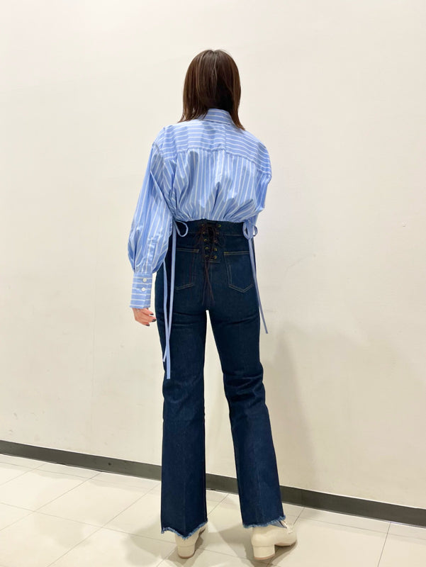 back lace-up semi-flare denim pants