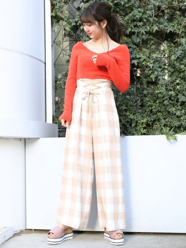 gingham check wide pants