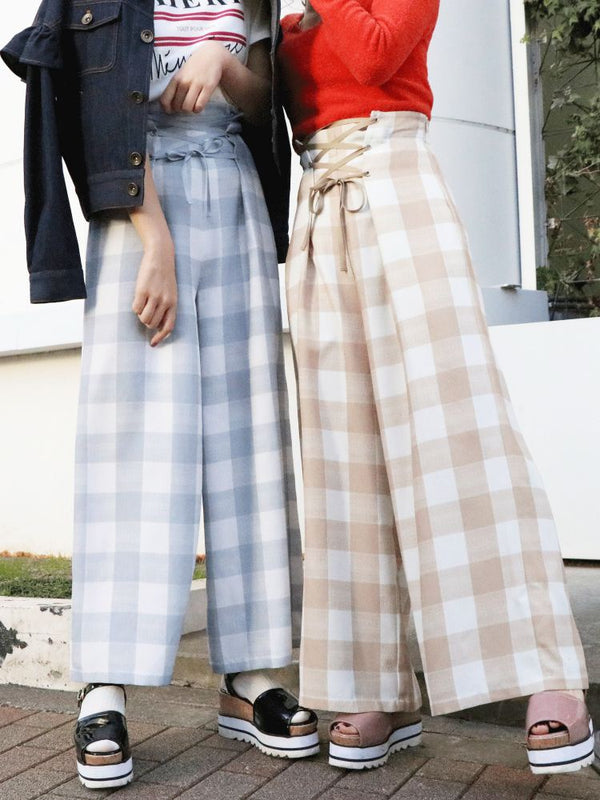 gingham check wide pants