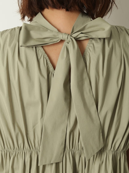 back ribbon shirring balloon blouse