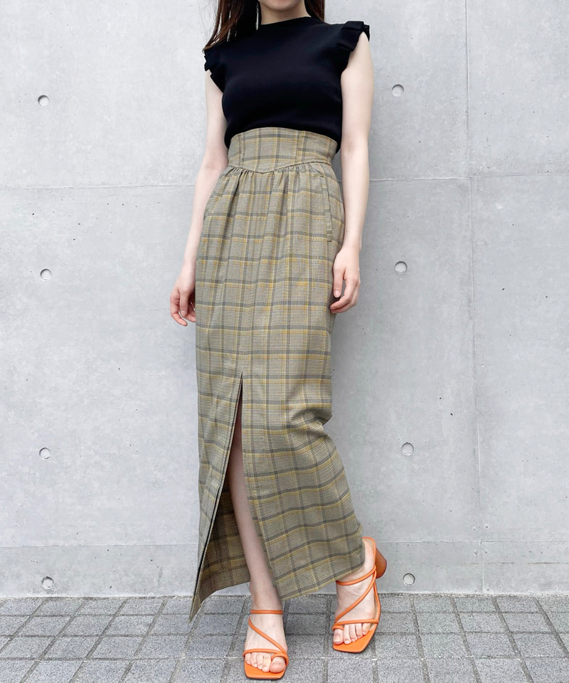 check high waist cocoon slit skirt