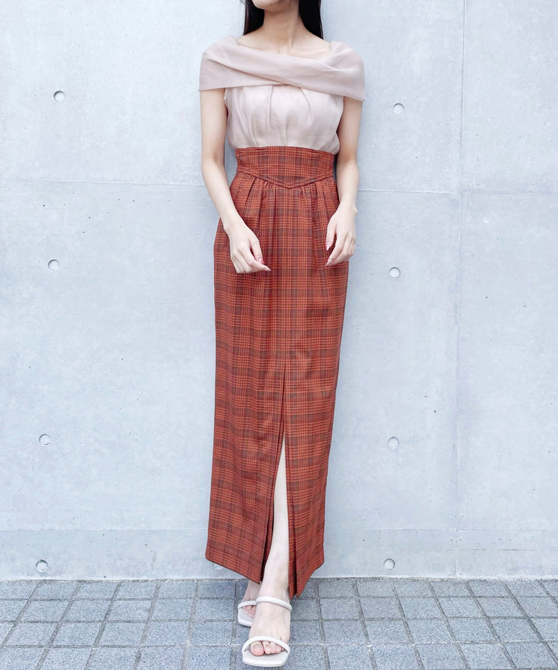 check high waist cocoon slit skirt