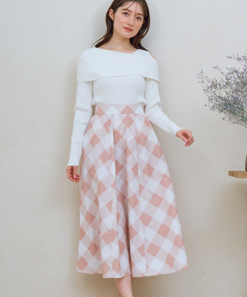 taffeta check flared skirt