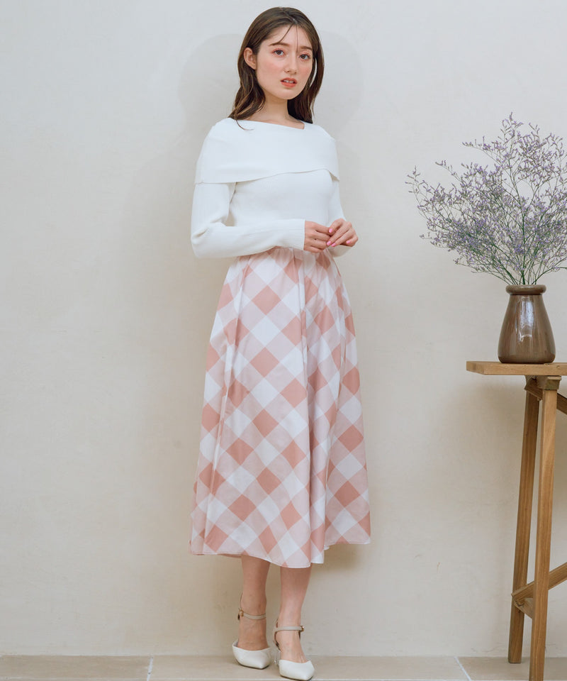 taffeta check flared skirt