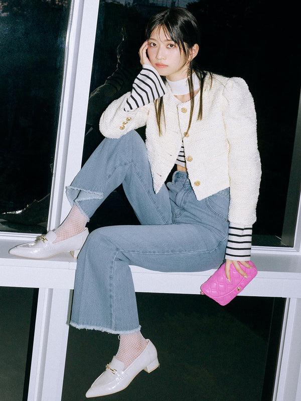 back lace-up semi-flare denim pants