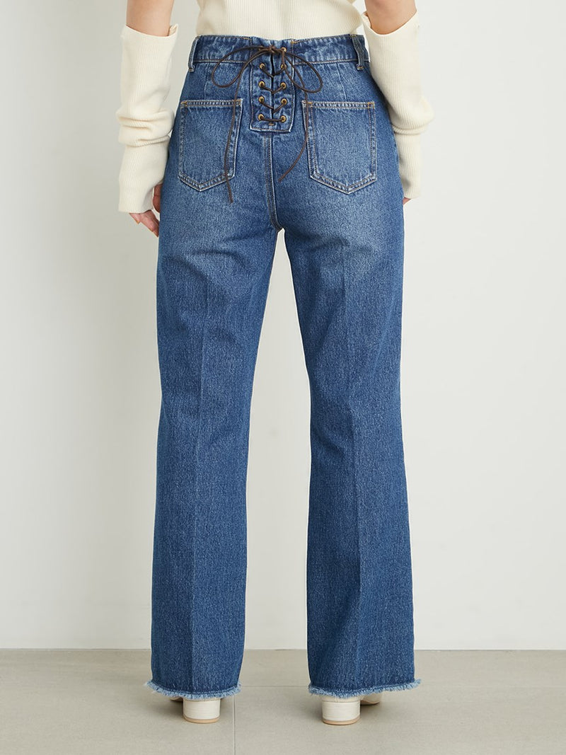 back lace-up semi-flare denim pants