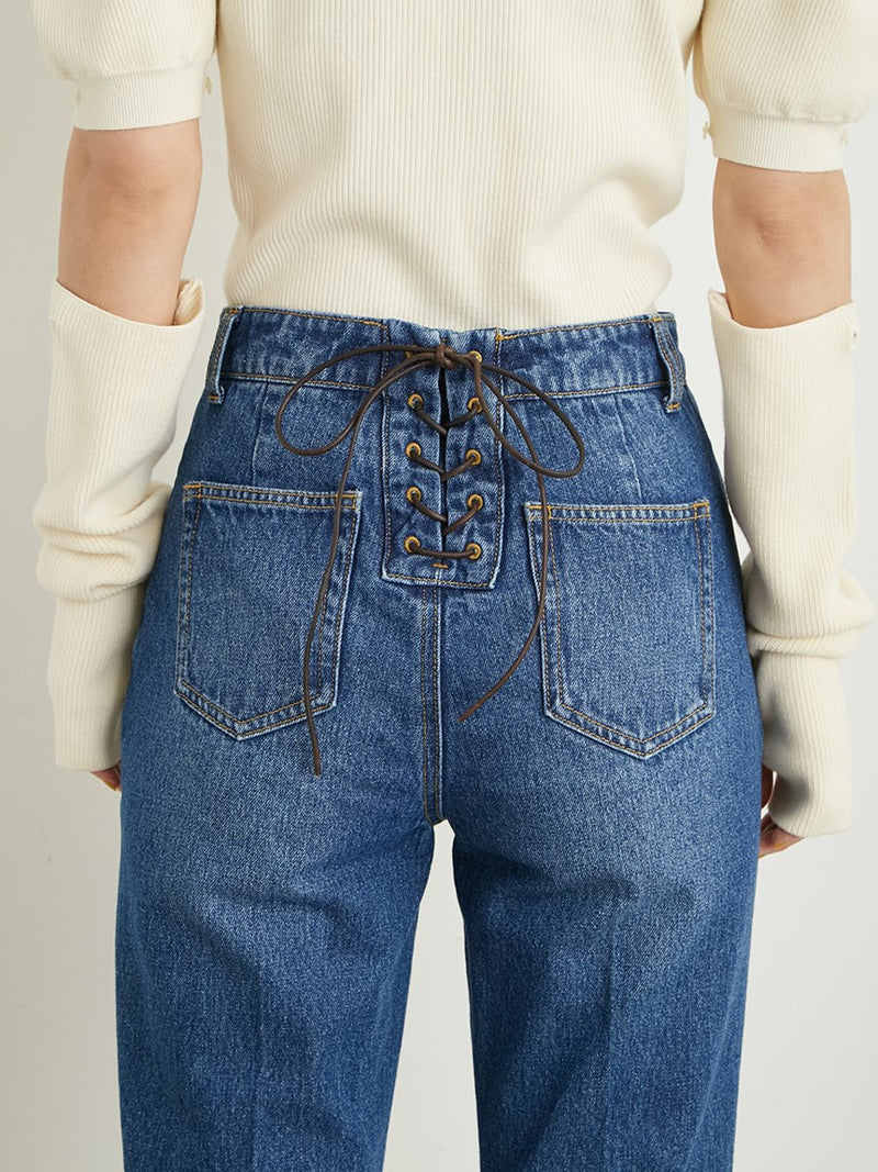 back lace-up semi-flare denim pants