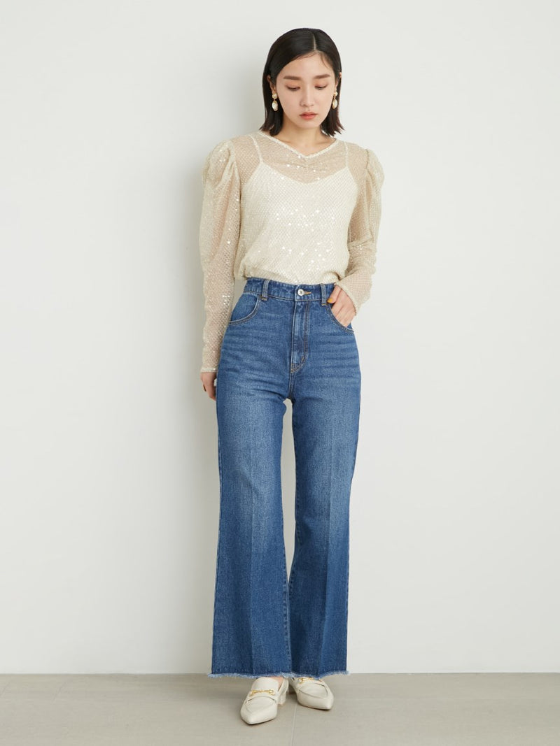 back lace-up semi-flare denim pants