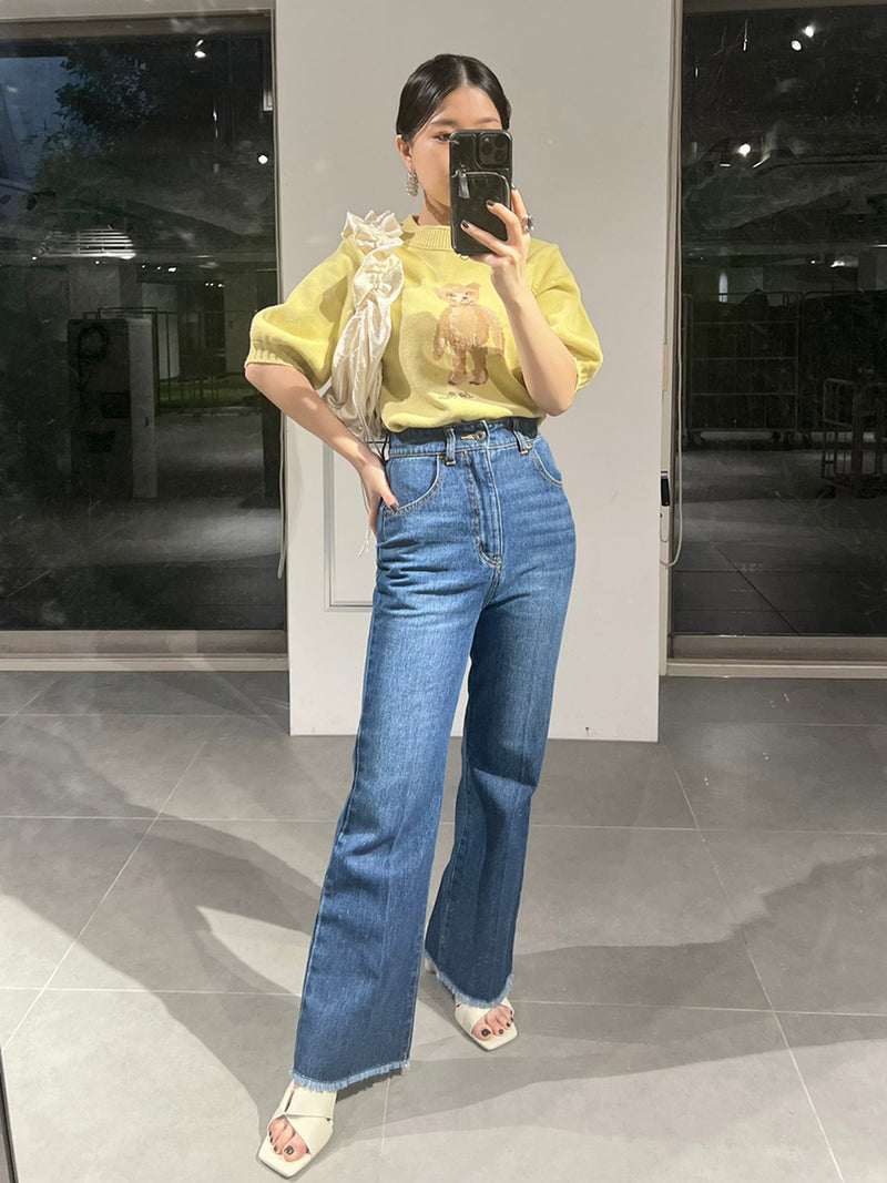 back lace-up semi-flare denim pants